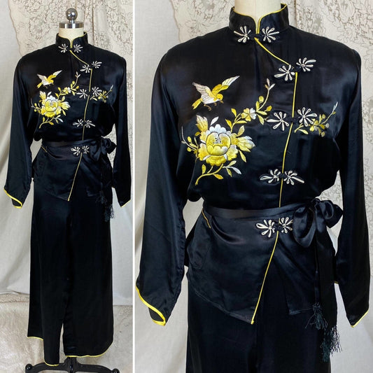 Vintage 1950's Lounge Pajama Set | Black Silk with Yellow & White Embroidery | Size S, M - Daggers & Dames