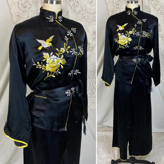 Vintage 1950's Lounge Pajama Set | Black Silk with Yellow & White Embroidery | Size S, M - Daggers & Dames