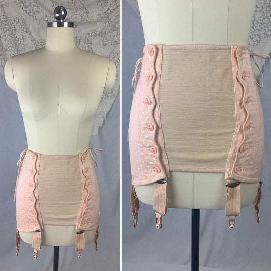 Vintage 1950's Maternity Girdle | Light Baby Pink Satin Damask with Button Closure & Corset Lacing | Made in France | Size SM, M, LG - Daggers & Dames