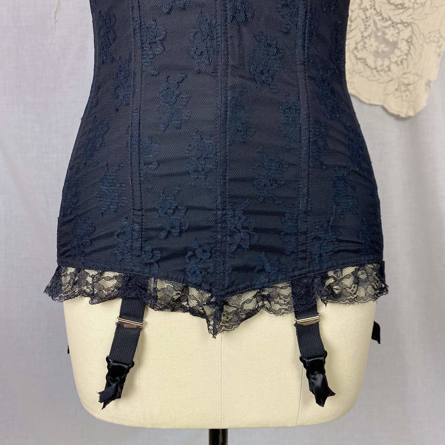 Vintage 1950's Merry Widow | Black Nylon Taffeta with Sheer Floral Lace Overlay & Velvet Lining | Size 32 B, 34 A | Escora, Made in Germany - Daggers & Dames