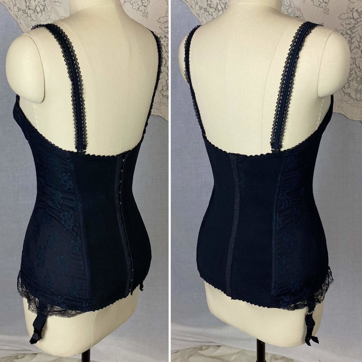 Vintage 1950's Merry Widow | Black Nylon Taffeta with Sheer Floral Lace Overlay & Velvet Lining | Size 32 B, 34 A | Escora, Made in Germany - Daggers & Dames