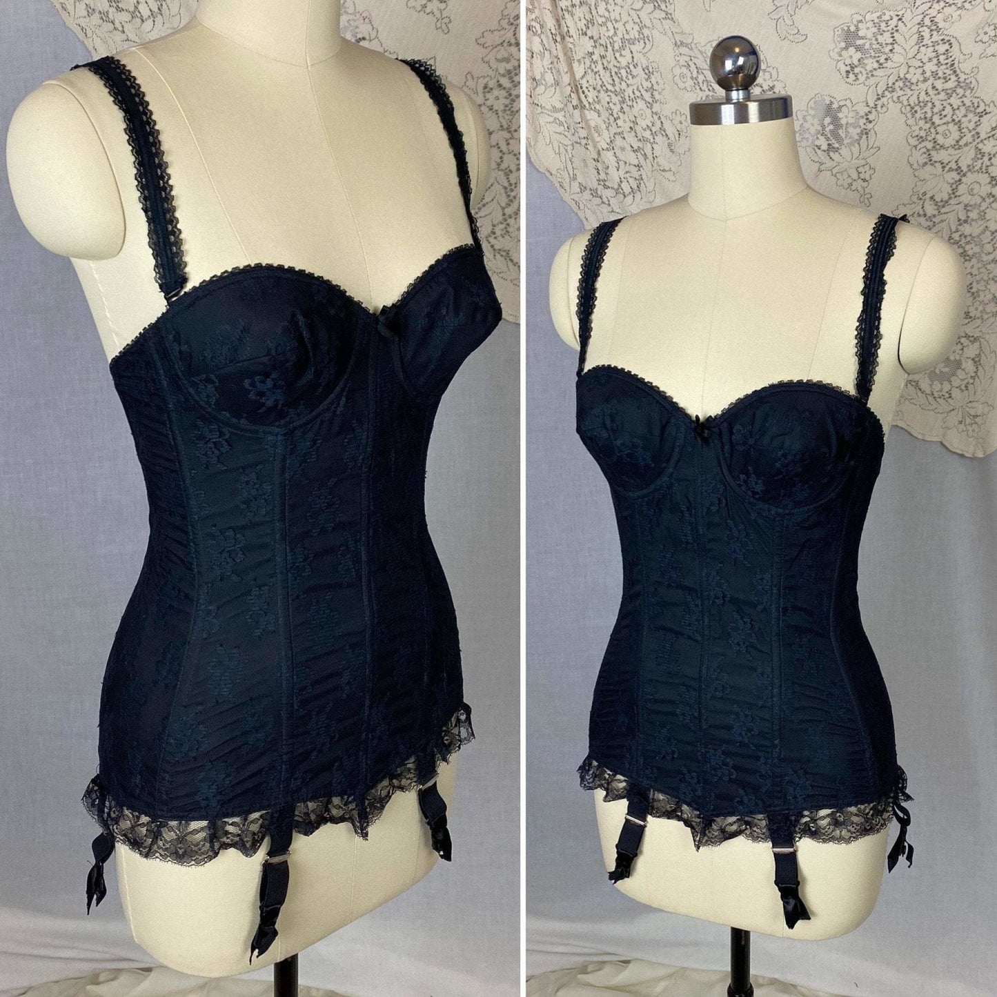Vintage 1950's Merry Widow | Black Nylon Taffeta with Sheer Floral Lace Overlay & Velvet Lining | Size 32 B, 34 A | Escora, Made in Germany - Daggers & Dames