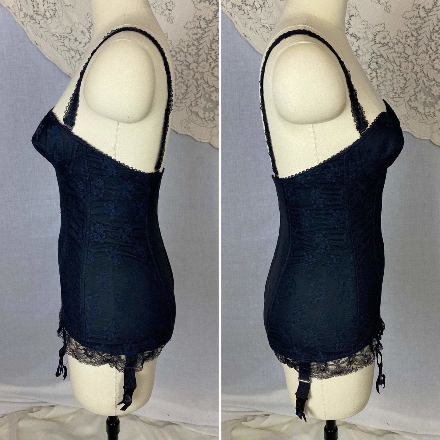 Vintage 1950's Merry Widow | Black Nylon Taffeta with Sheer Floral Lace Overlay & Velvet Lining | Size 32 B, 34 A | Escora, Made in Germany - Daggers & Dames
