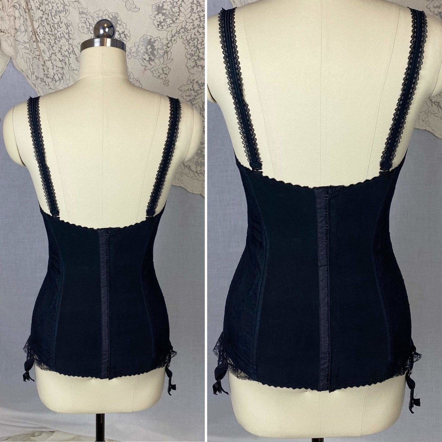 Vintage 1950's Merry Widow | Black Nylon Taffeta with Sheer Floral Lace Overlay & Velvet Lining | Size 32 B, 34 A | Escora, Made in Germany - Daggers & Dames