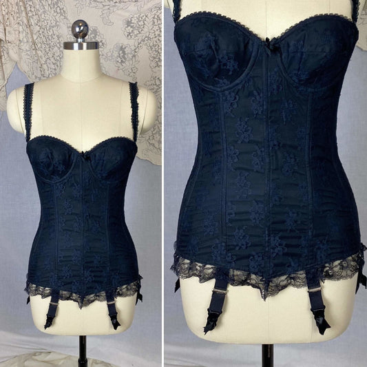 Vintage 1950's Merry Widow | Black Nylon Taffeta with Sheer Floral Lace Overlay & Velvet Lining | Size 32 B, 34 A | Escora, Made in Germany - Daggers & Dames