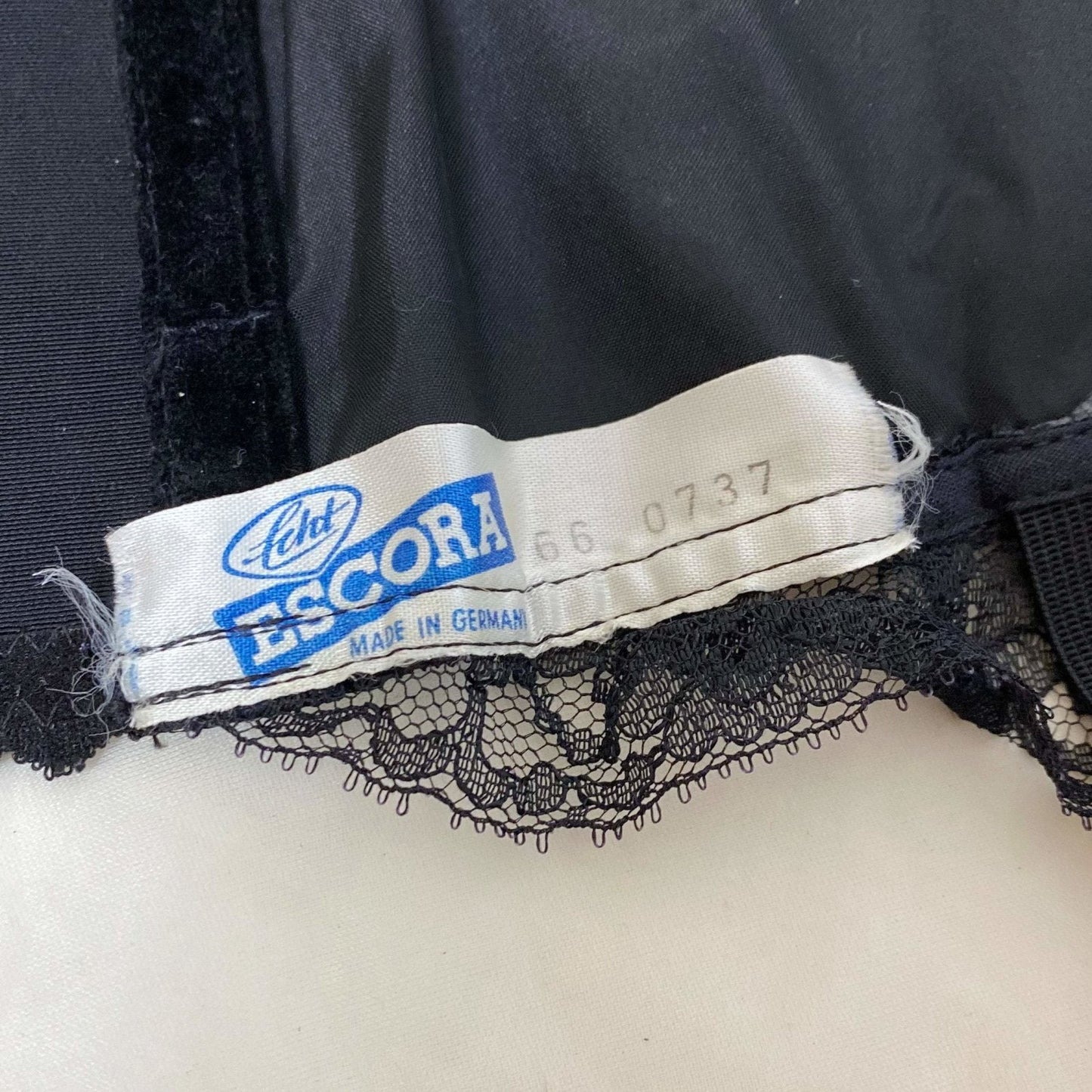 Vintage 1950's Merry Widow | Black Nylon Taffeta with Sheer Floral Lace Overlay & Velvet Lining | Size 32 B, 34 A | Escora, Made in Germany - Daggers & Dames