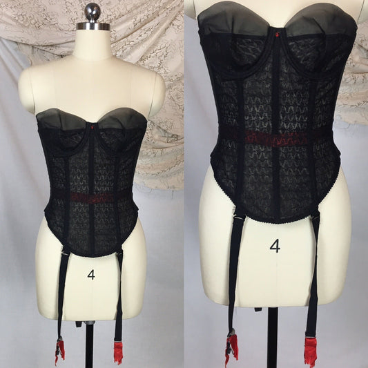 Vintage 1950's Merry Widow | Sheer Black Embroidered Nylon with Red Satin Ribbon & Detachable Garters | Warner's Original | Size 34 C, D - Daggers & Dames