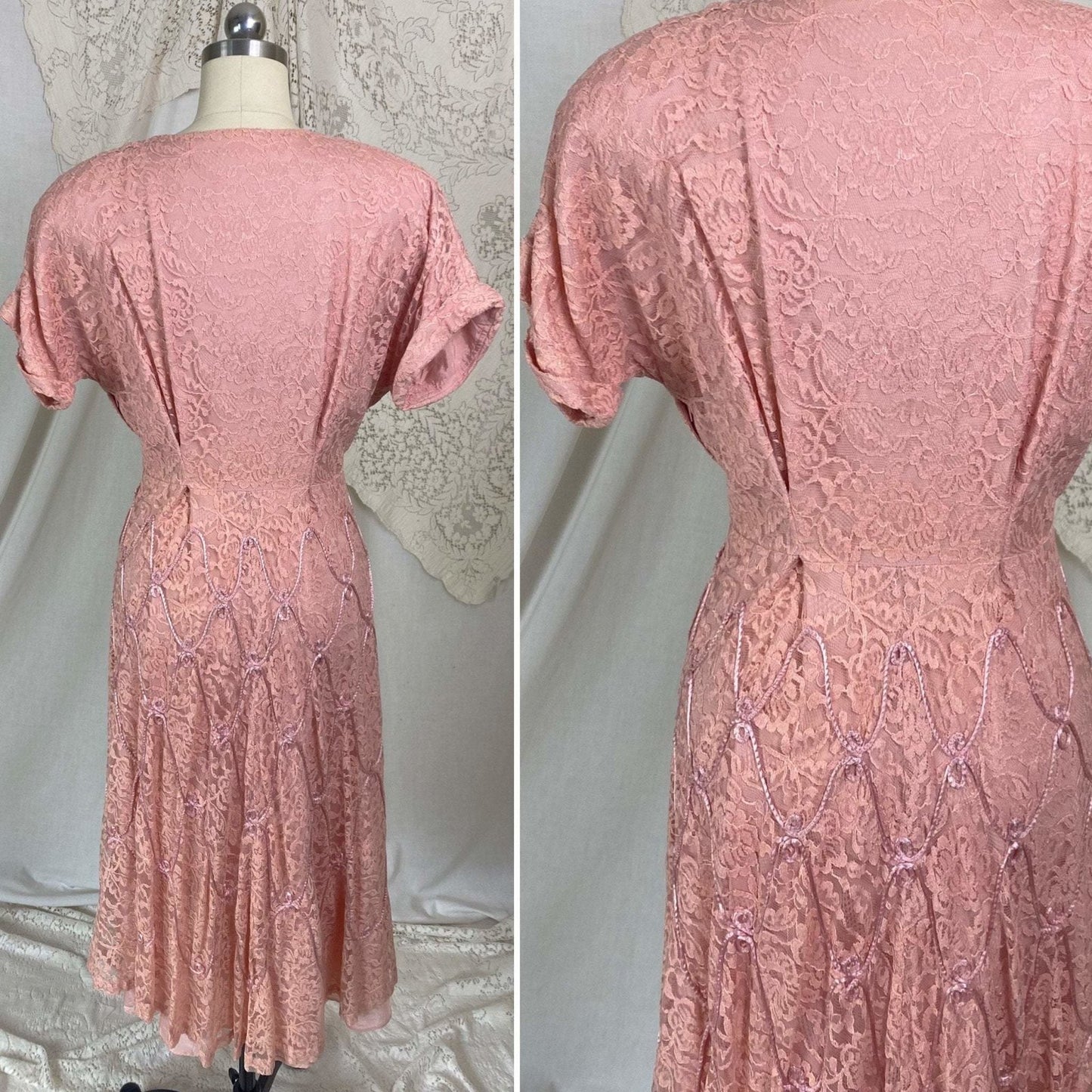 Vintage 1950's Midi Dress | Blush Pink Lace with Rayon Taffeta Lining | Size LG | Form Fit - Daggers & Dames