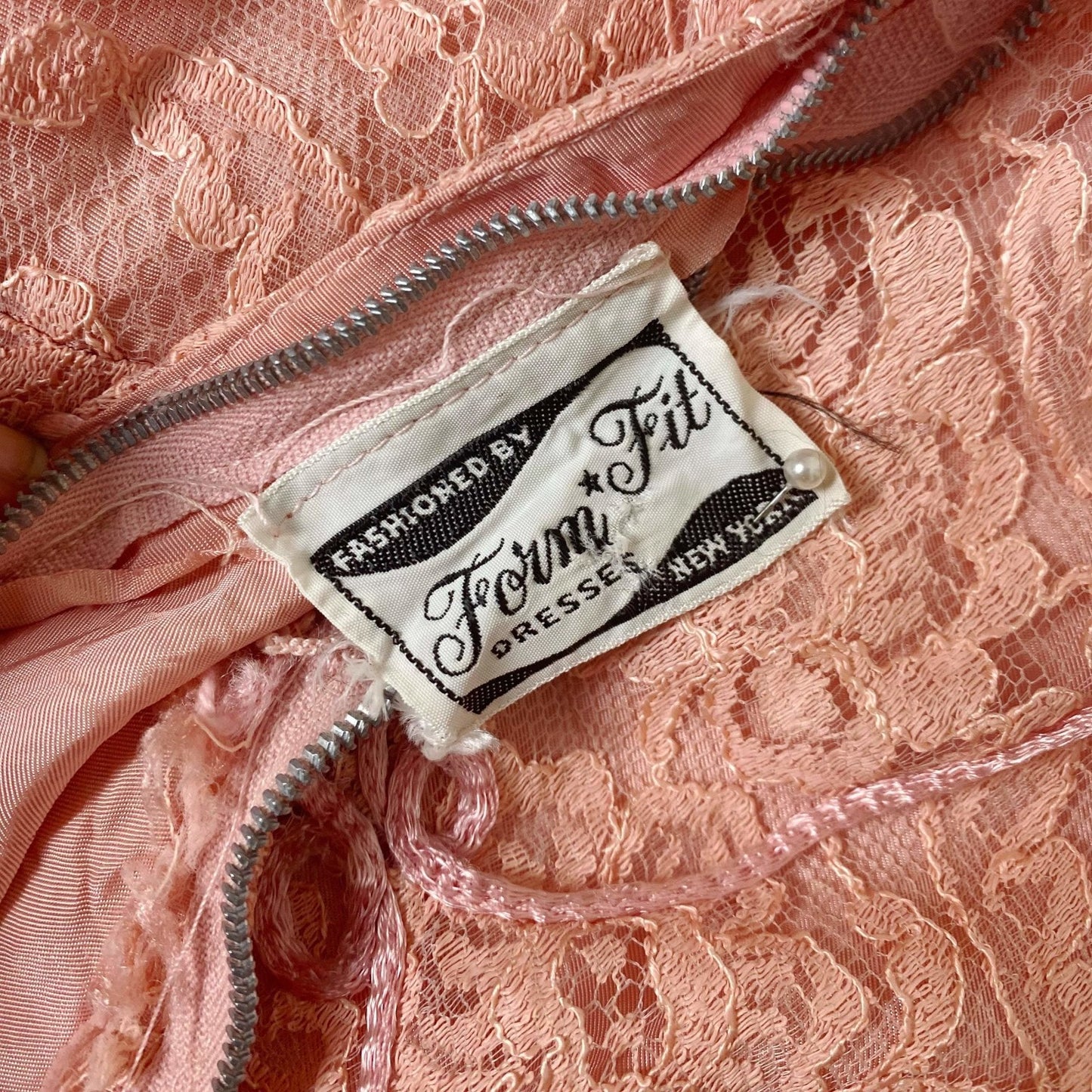 Vintage 1950's Midi Dress | Blush Pink Lace with Rayon Taffeta Lining | Size LG | Form Fit - Daggers & Dames