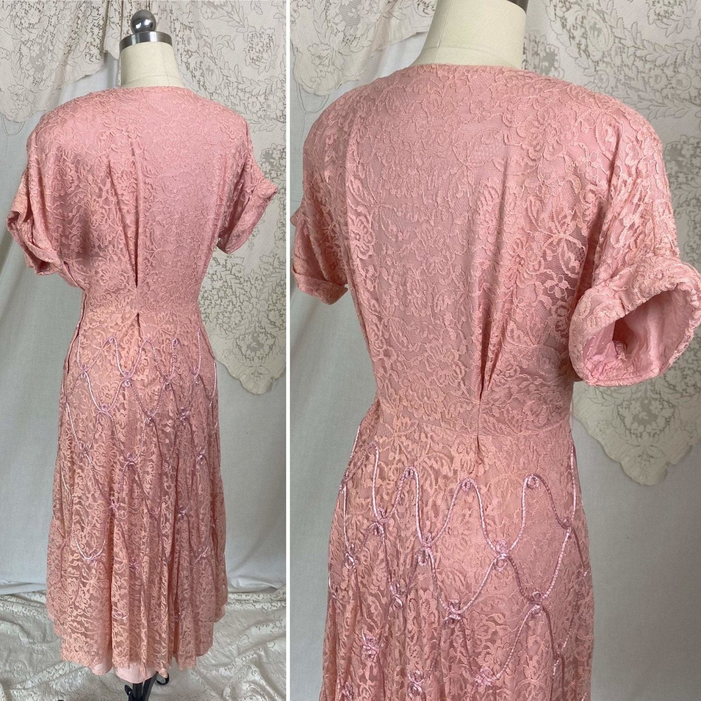 Vintage 1950's Midi Dress | Blush Pink Lace with Rayon Taffeta Lining | Size LG | Form Fit - Daggers & Dames