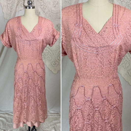 Vintage 1950's Midi Dress | Blush Pink Lace with Rayon Taffeta Lining | Size LG | Form Fit - Daggers & Dames