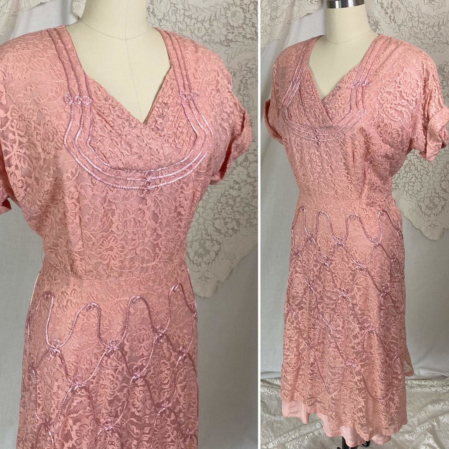 Vintage 1950's Midi Dress | Blush Pink Lace with Rayon Taffeta Lining | Size LG | Form Fit - Daggers & Dames