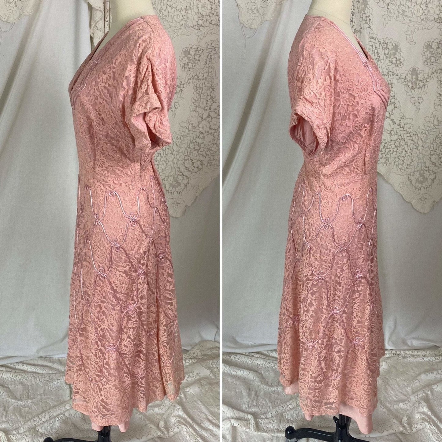 Vintage 1950's Midi Dress | Blush Pink Lace with Rayon Taffeta Lining | Size LG | Form Fit - Daggers & Dames