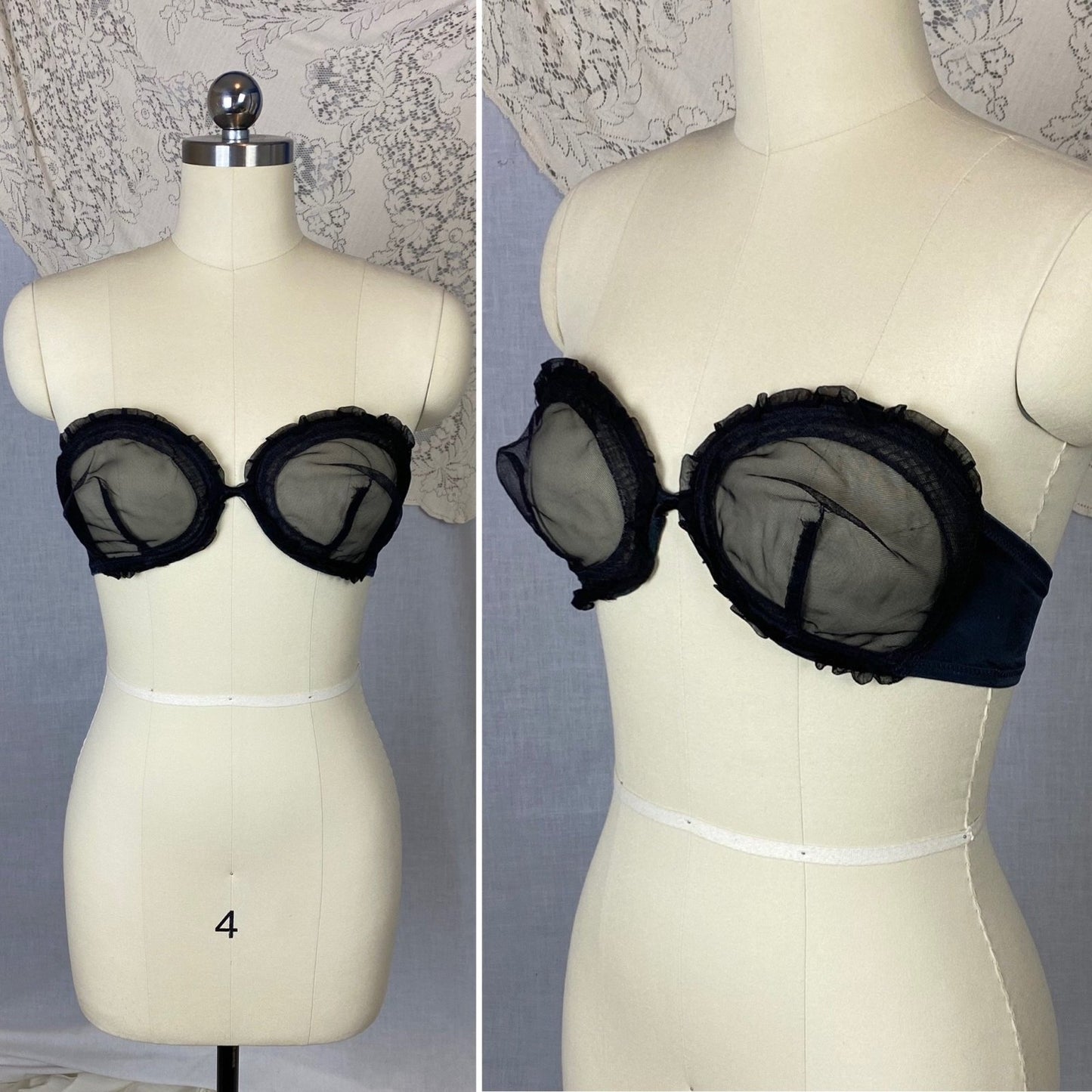 Vintage 1950's Monowire Bra | Black Mesh with Ruffled Lace | Size 32 C, 34 B - Daggers & Dames