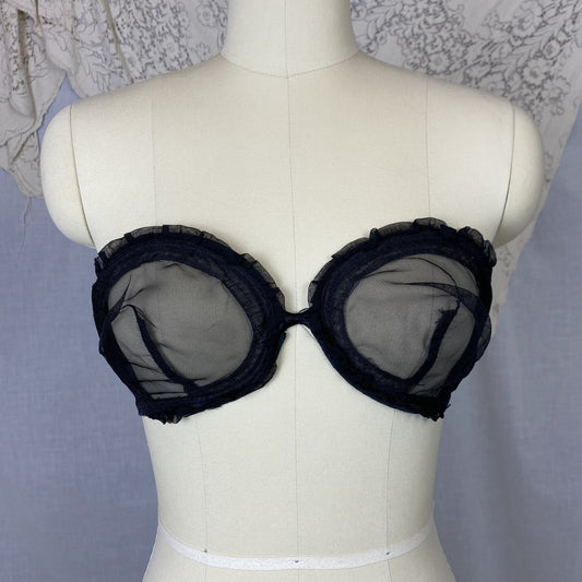 Vintage 1950's Monowire Bra | Black Mesh with Ruffled Lace | Size 32 C, 34 B - Daggers & Dames