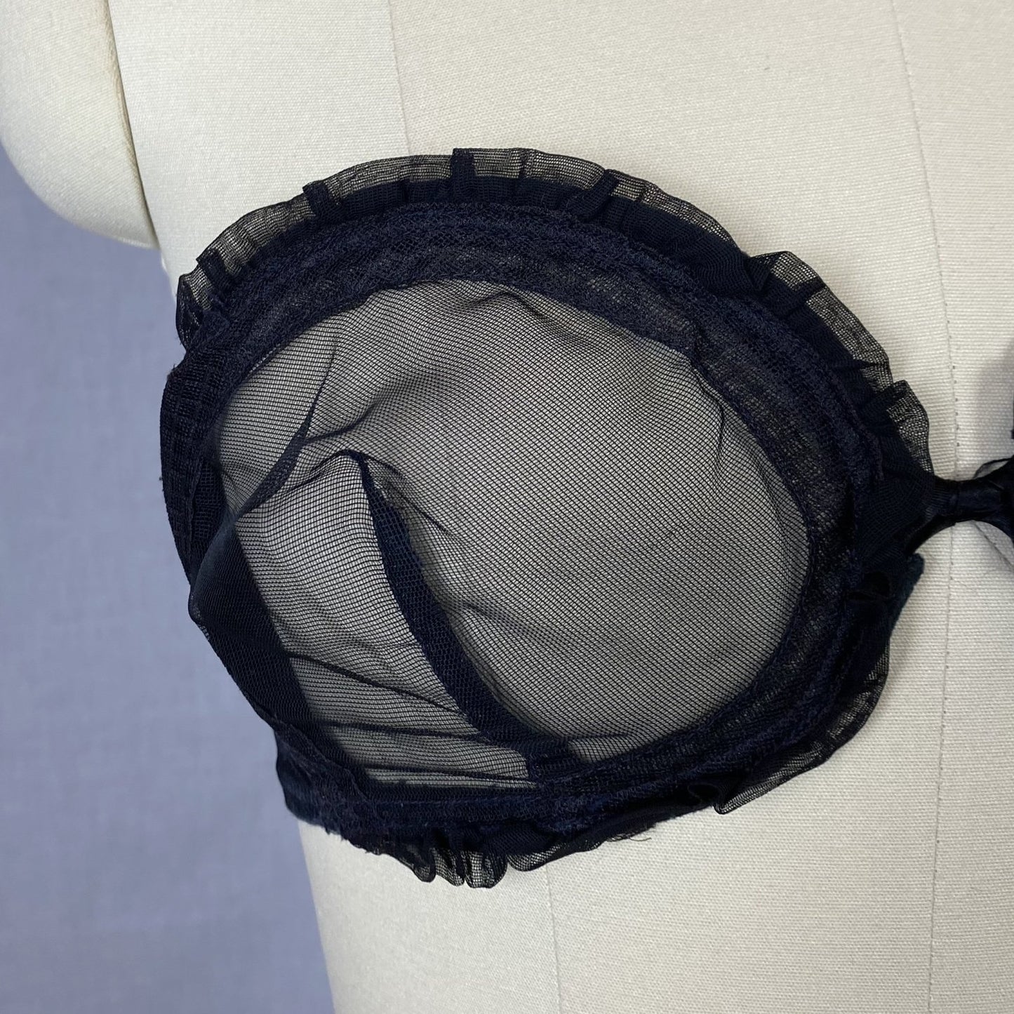 Vintage 1950's Monowire Bra | Black Mesh with Ruffled Lace | Size 32 C, 34 B - Daggers & Dames