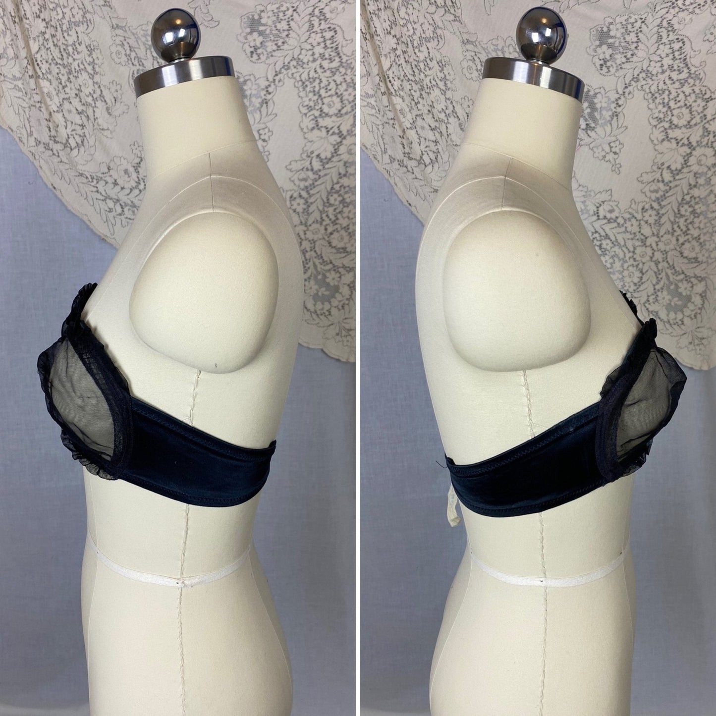Vintage 1950's Monowire Bra | Black Mesh with Ruffled Lace | Size 32 C, 34 B - Daggers & Dames