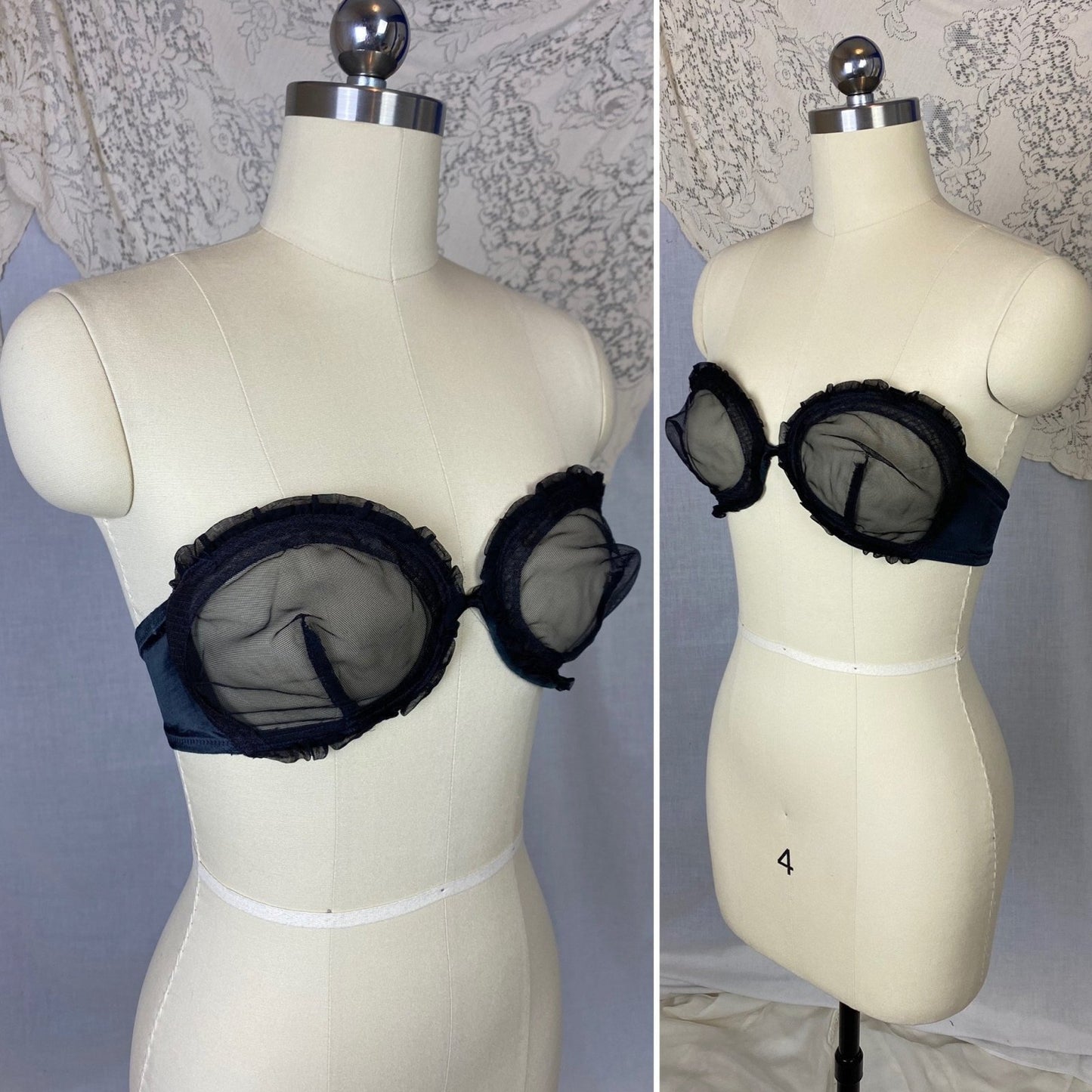 Vintage 1950's Monowire Bra | Black Mesh with Ruffled Lace | Size 32 C, 34 B - Daggers & Dames
