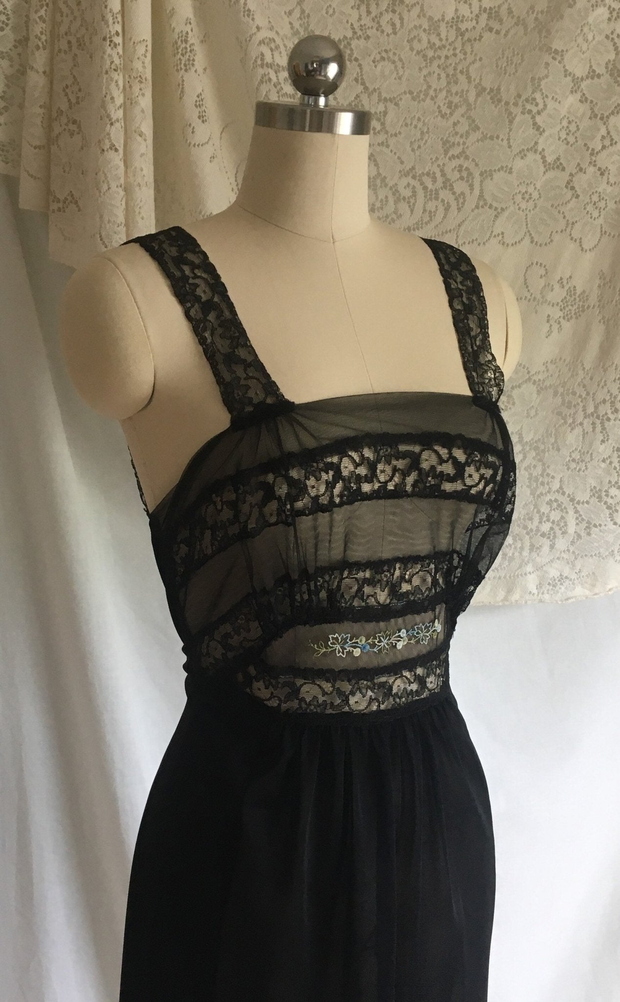 Vintage 1950's Nightgown | Black Nylon with Sheer Embroidered Tulle Bodice | Bias Cut Lingerie | Maxi Dress | Size S - Daggers & Dames