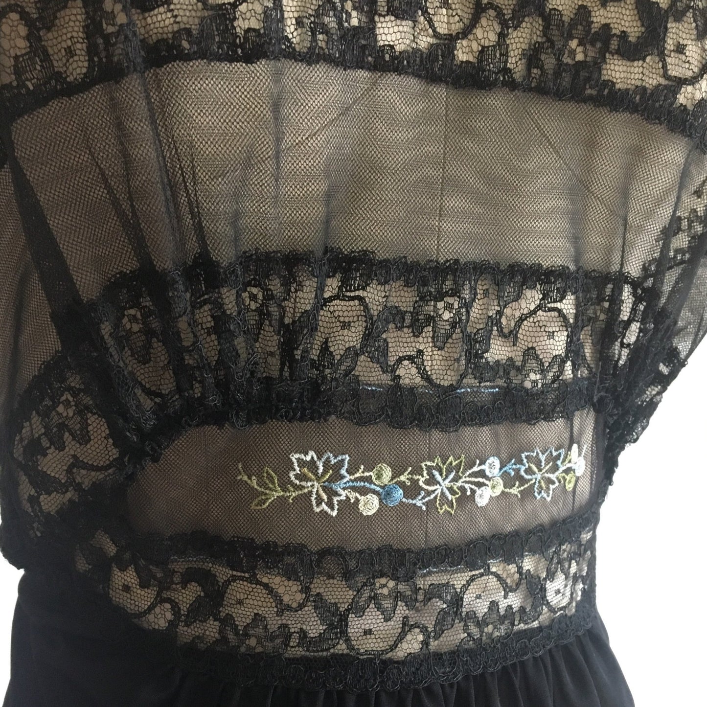 Vintage 1950's Nightgown | Black Nylon with Sheer Embroidered Tulle Bodice | Bias Cut Lingerie | Maxi Dress | Size S - Daggers & Dames