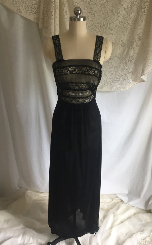 Vintage 1950's Nightgown | Black Nylon with Sheer Embroidered Tulle Bodice | Bias Cut Lingerie | Maxi Dress | Size S - Daggers & Dames