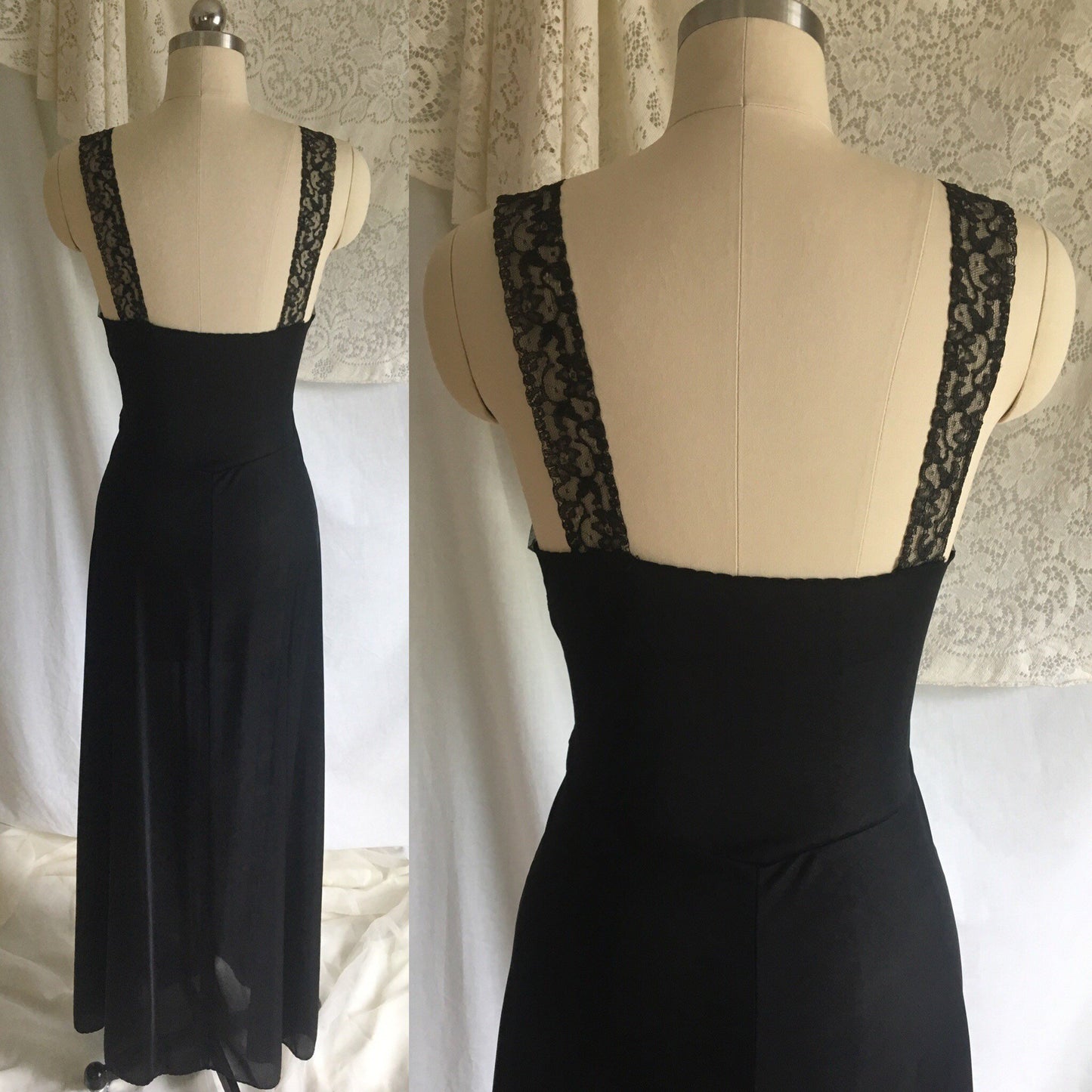 Vintage 1950's Nightgown | Black Nylon with Sheer Embroidered Tulle Bodice | Bias Cut Lingerie | Maxi Dress | Size S - Daggers & Dames