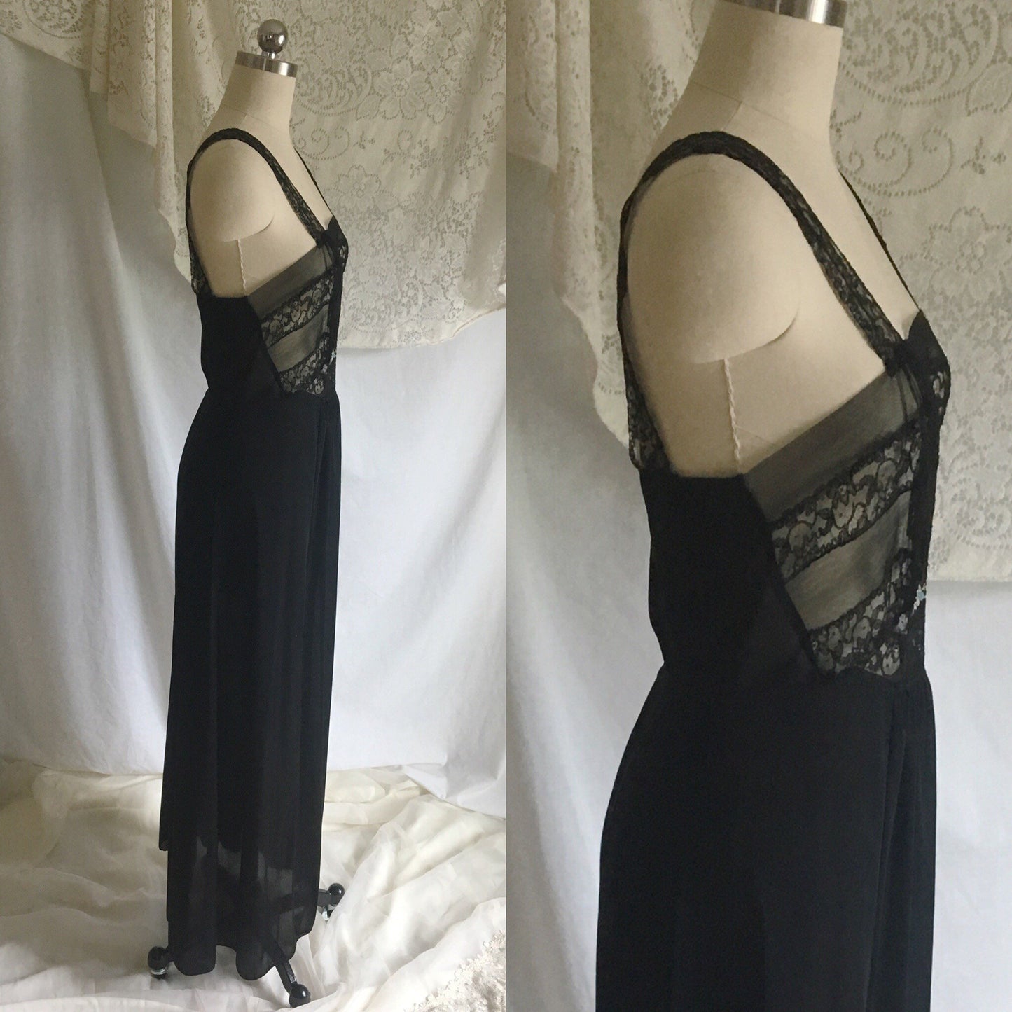 Vintage 1950's Nightgown | Black Nylon with Sheer Embroidered Tulle Bodice | Bias Cut Lingerie | Maxi Dress | Size S - Daggers & Dames