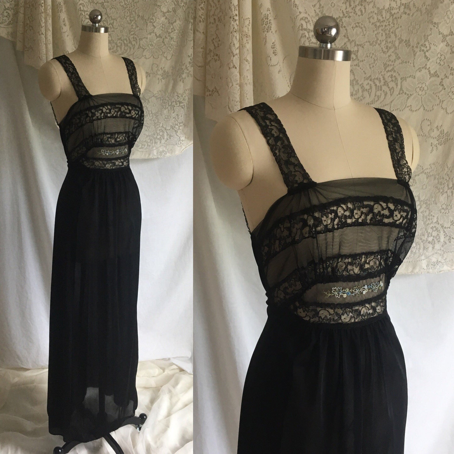 Vintage 1950's Nightgown | Black Nylon with Sheer Embroidered Tulle Bodice | Bias Cut Lingerie | Maxi Dress | Size S - Daggers & Dames