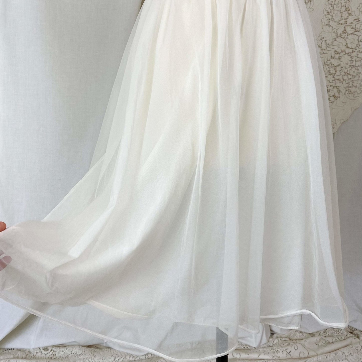 Vintage 1950's Nightgown | Creamy White Nylon Chiffon with Light Nude Lace | Size S, M | Vanity Fair - Daggers & Dames