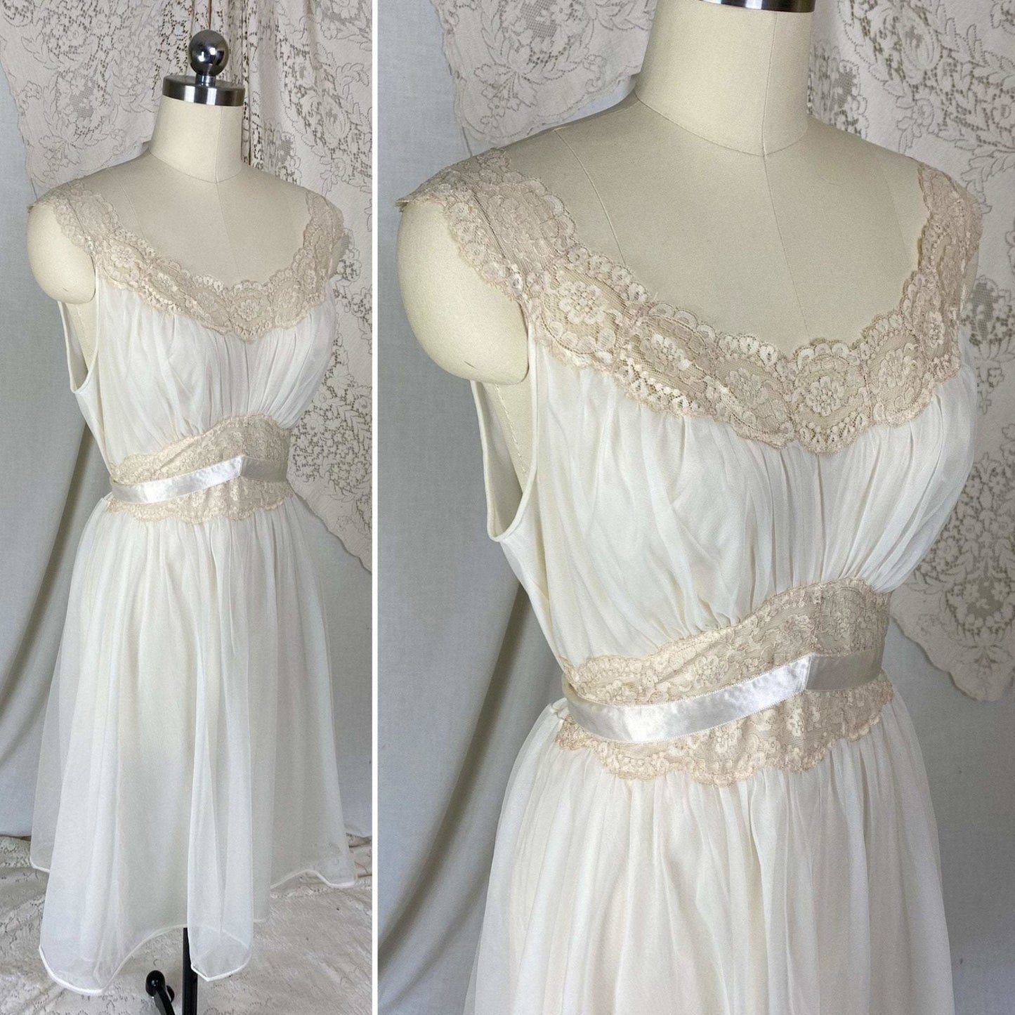 Vintage 1950's Nightgown | Creamy White Nylon Chiffon with Light Nude Lace | Size S, M | Vanity Fair - Daggers & Dames
