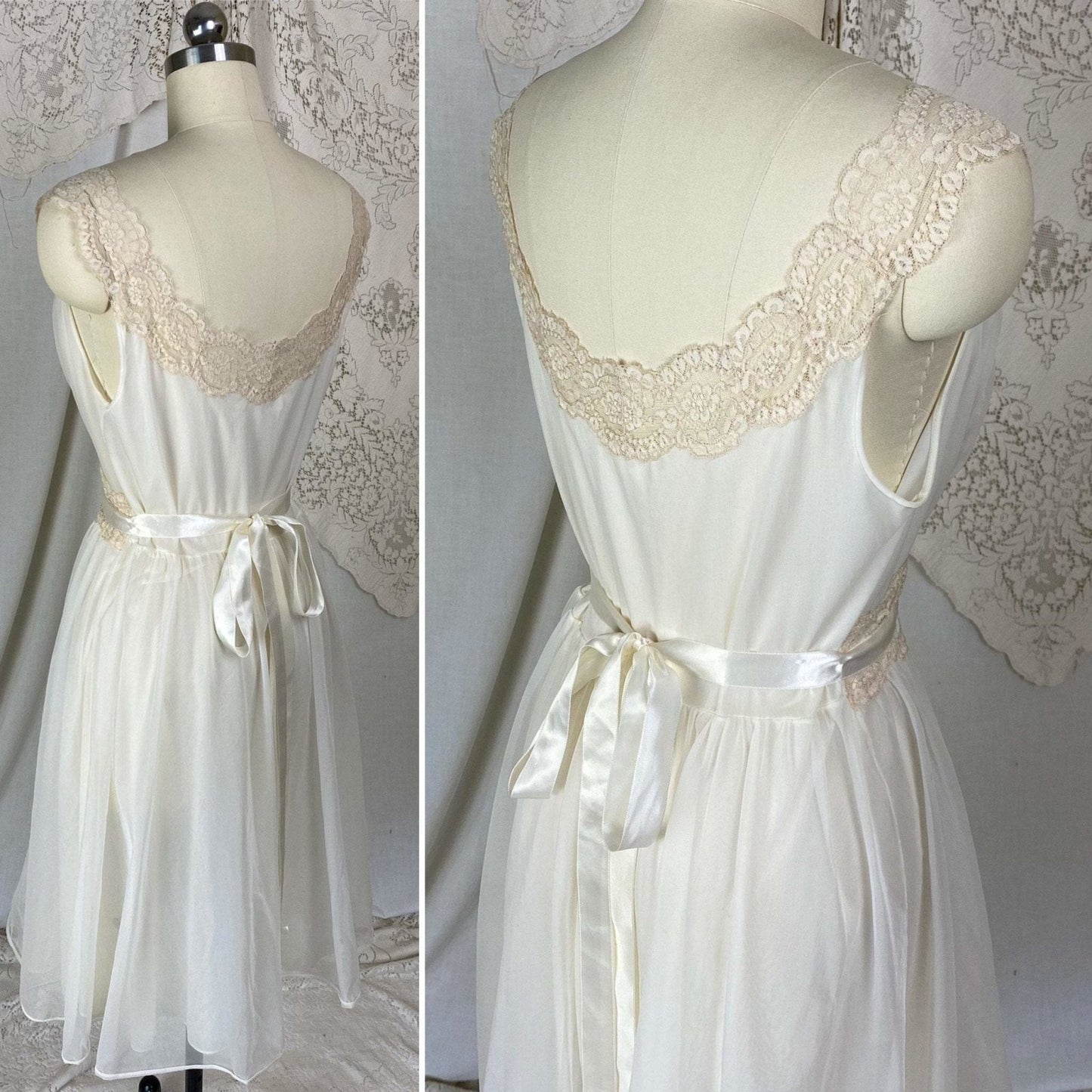 Vintage 1950's Nightgown | Creamy White Nylon Chiffon with Light Nude Lace | Size S, M | Vanity Fair - Daggers & Dames