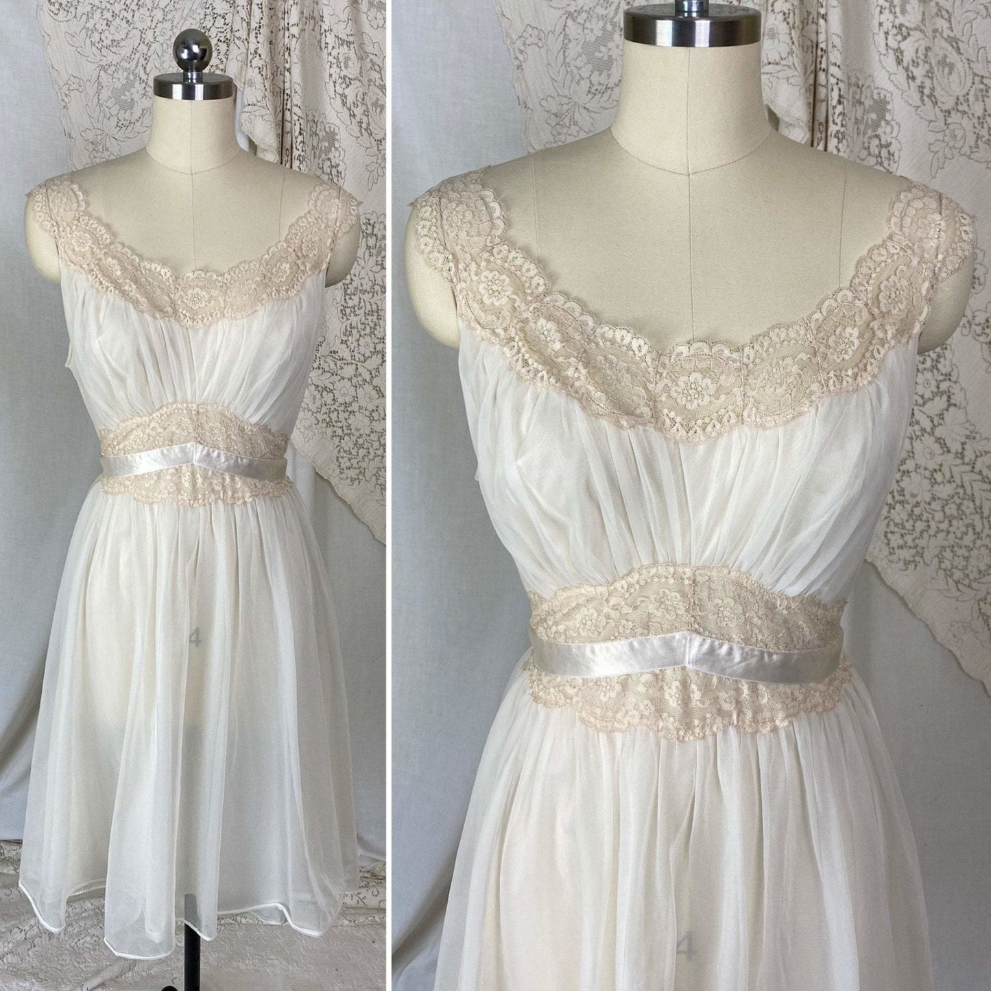 Vintage 1950's Nightgown | Creamy White Nylon Chiffon with Light Nude Lace | Size S, M | Vanity Fair - Daggers & Dames