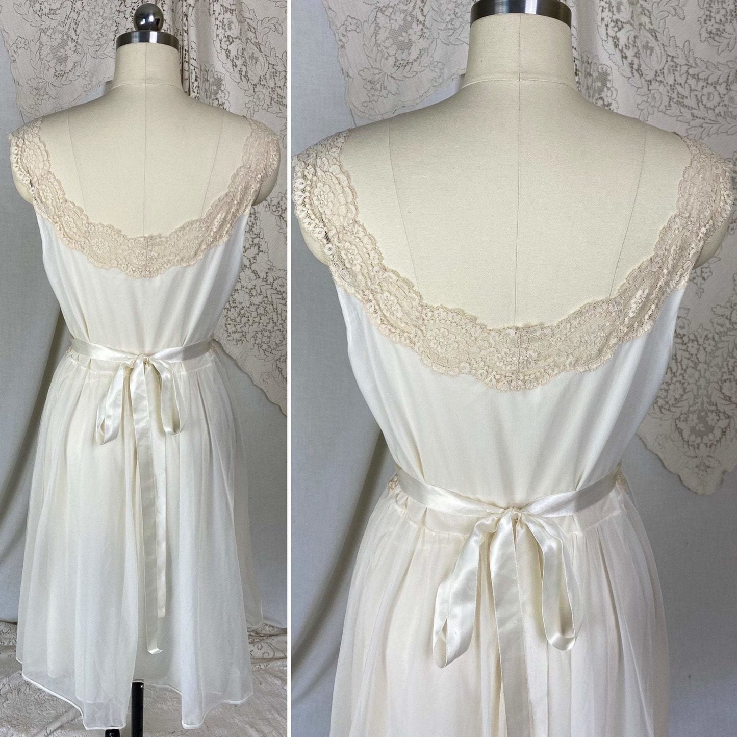 Vintage 1950's Nightgown | Creamy White Nylon Chiffon with Light Nude Lace | Size S, M | Vanity Fair - Daggers & Dames