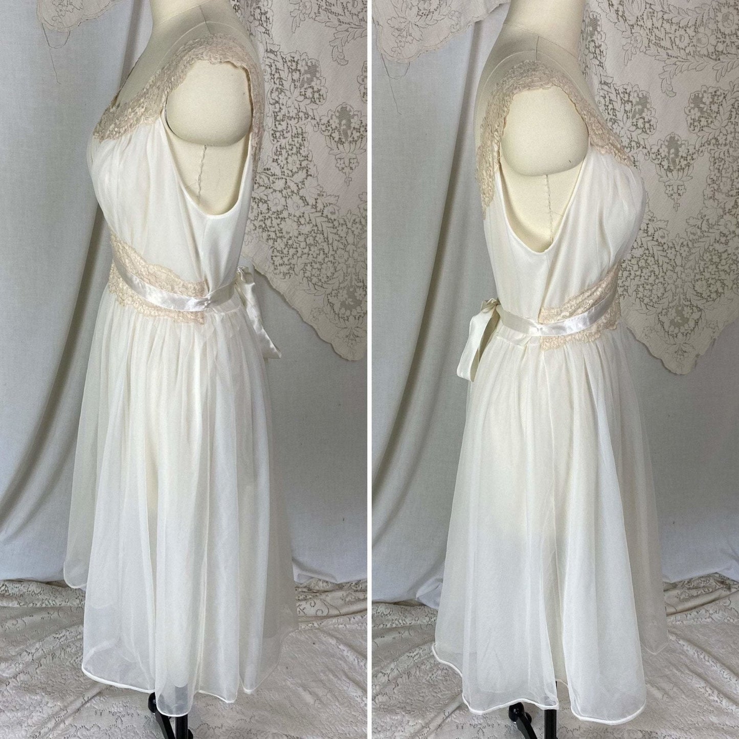 Vintage 1950's Nightgown | Creamy White Nylon Chiffon with Light Nude Lace | Size S, M | Vanity Fair - Daggers & Dames