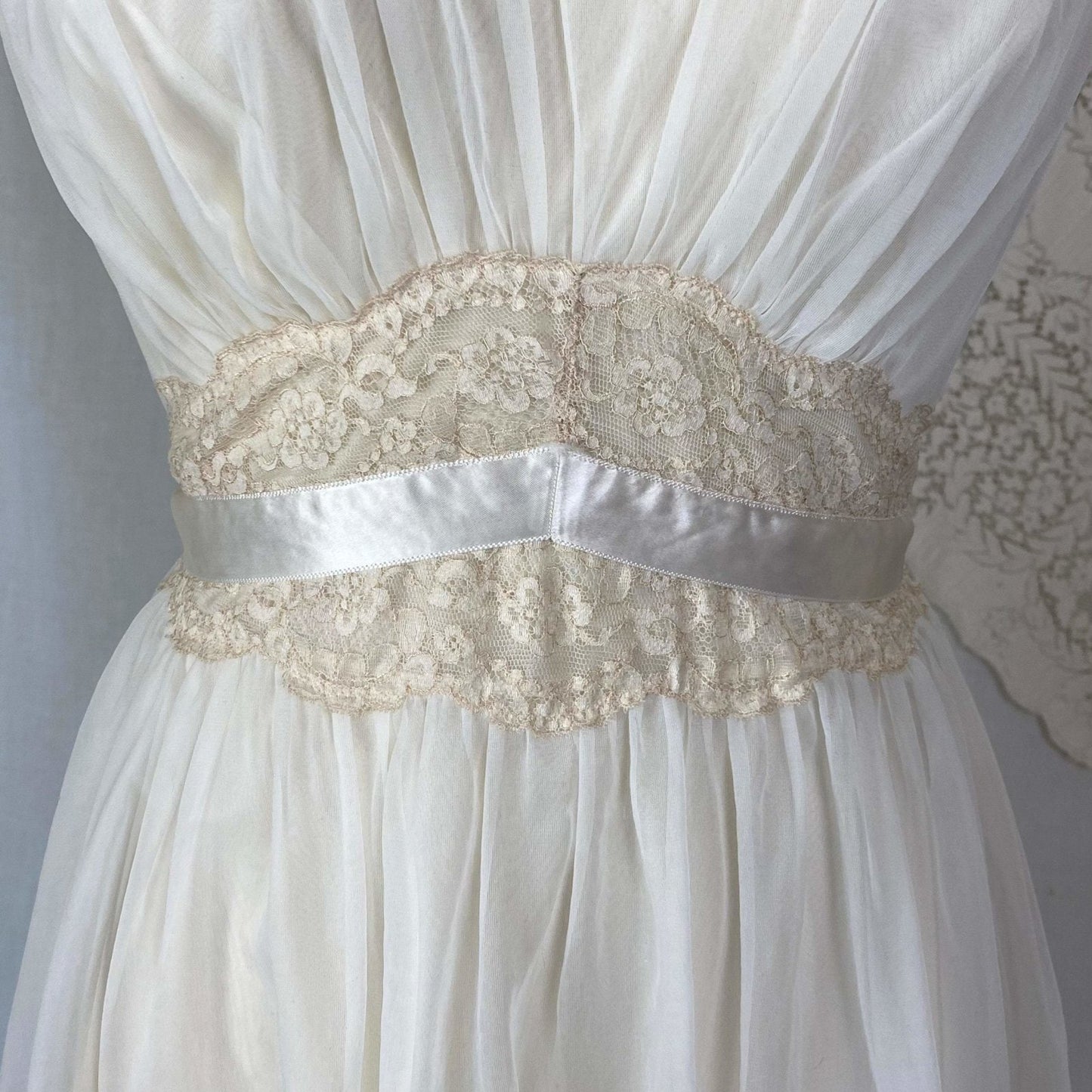 Vintage 1950's Nightgown | Creamy White Nylon Chiffon with Light Nude Lace | Size S, M | Vanity Fair - Daggers & Dames