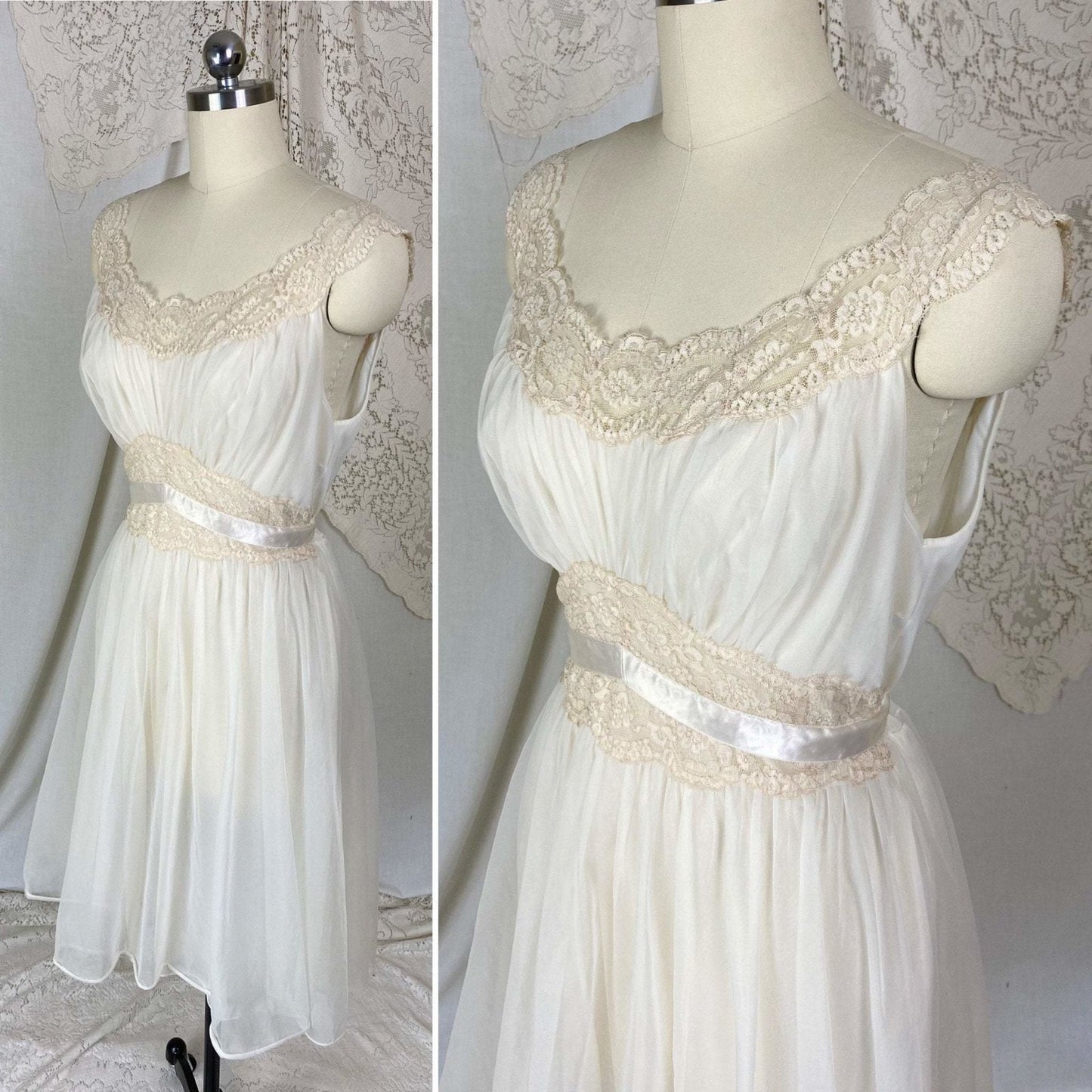 Vintage 1950's Nightgown | Creamy White Nylon Chiffon with Light Nude Lace | Size S, M | Vanity Fair - Daggers & Dames