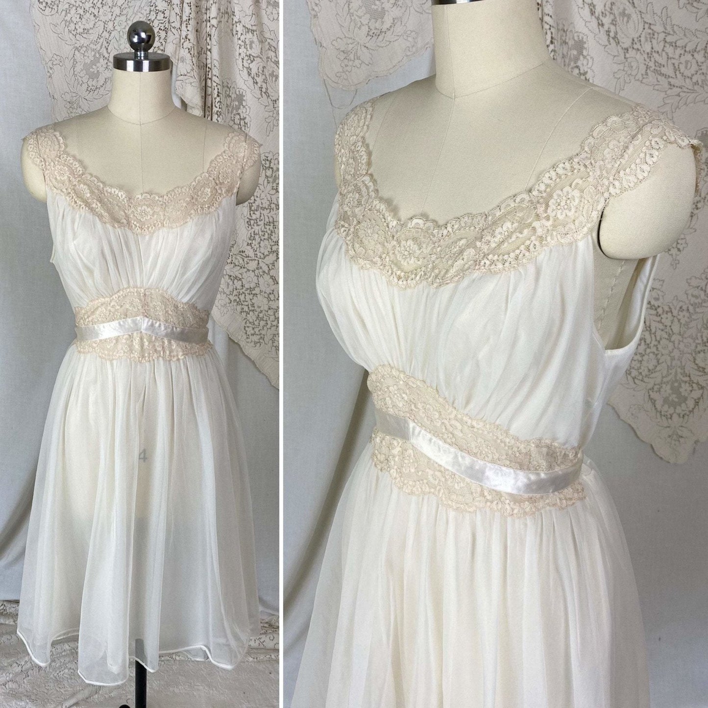 Vintage 1950's Nightgown | Creamy White Nylon Chiffon with Light Nude Lace | Size S, M | Vanity Fair - Daggers & Dames
