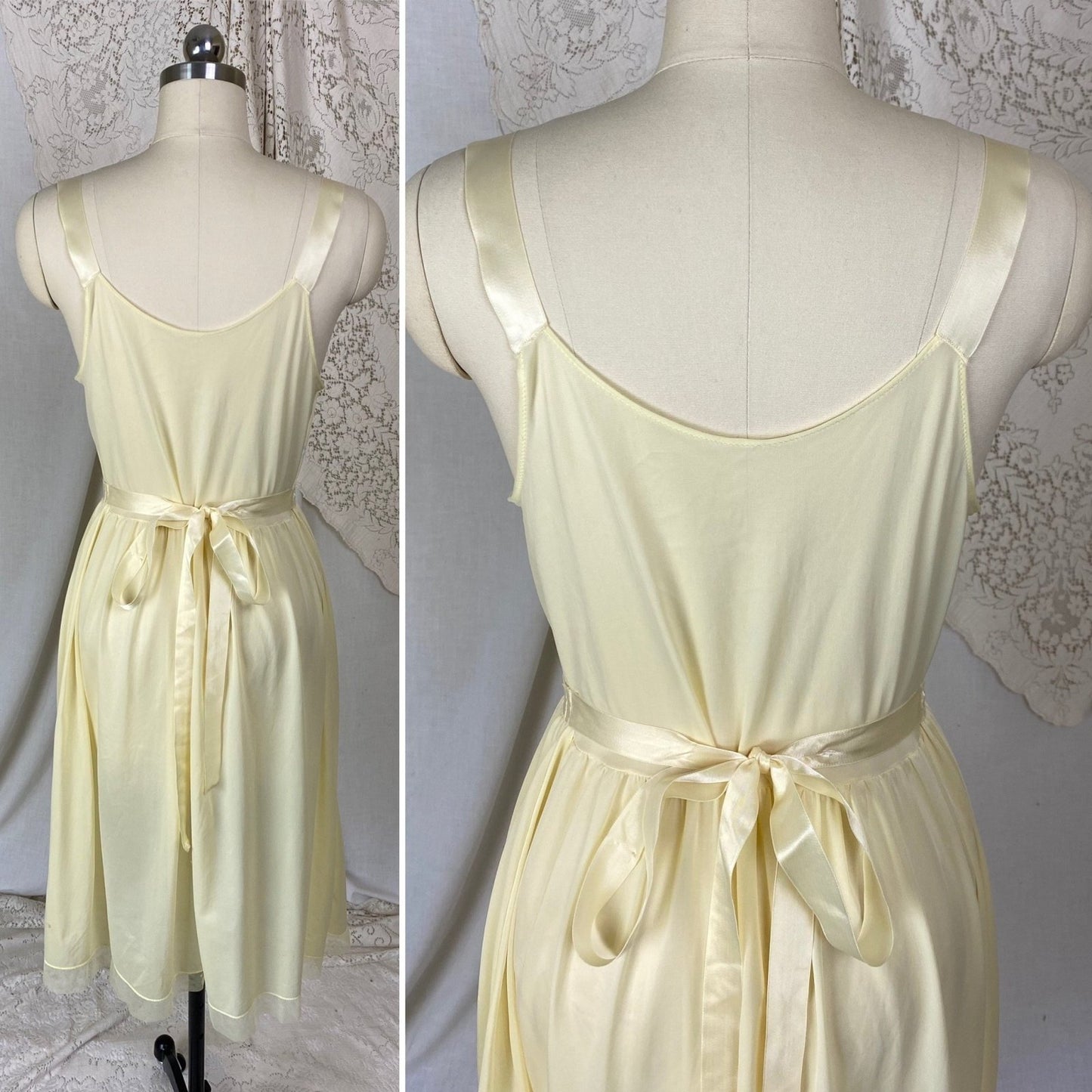 Vintage 1950's Nightgown | Creamy Yellow Nylon with White Chiffon Floral Appliques | Size M, LG | Roger's - Daggers & Dames