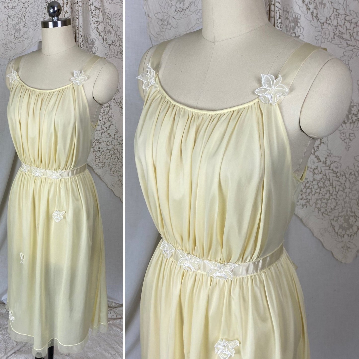 Vintage 1950's Nightgown | Creamy Yellow Nylon with White Chiffon Floral Appliques | Size M, LG | Roger's - Daggers & Dames