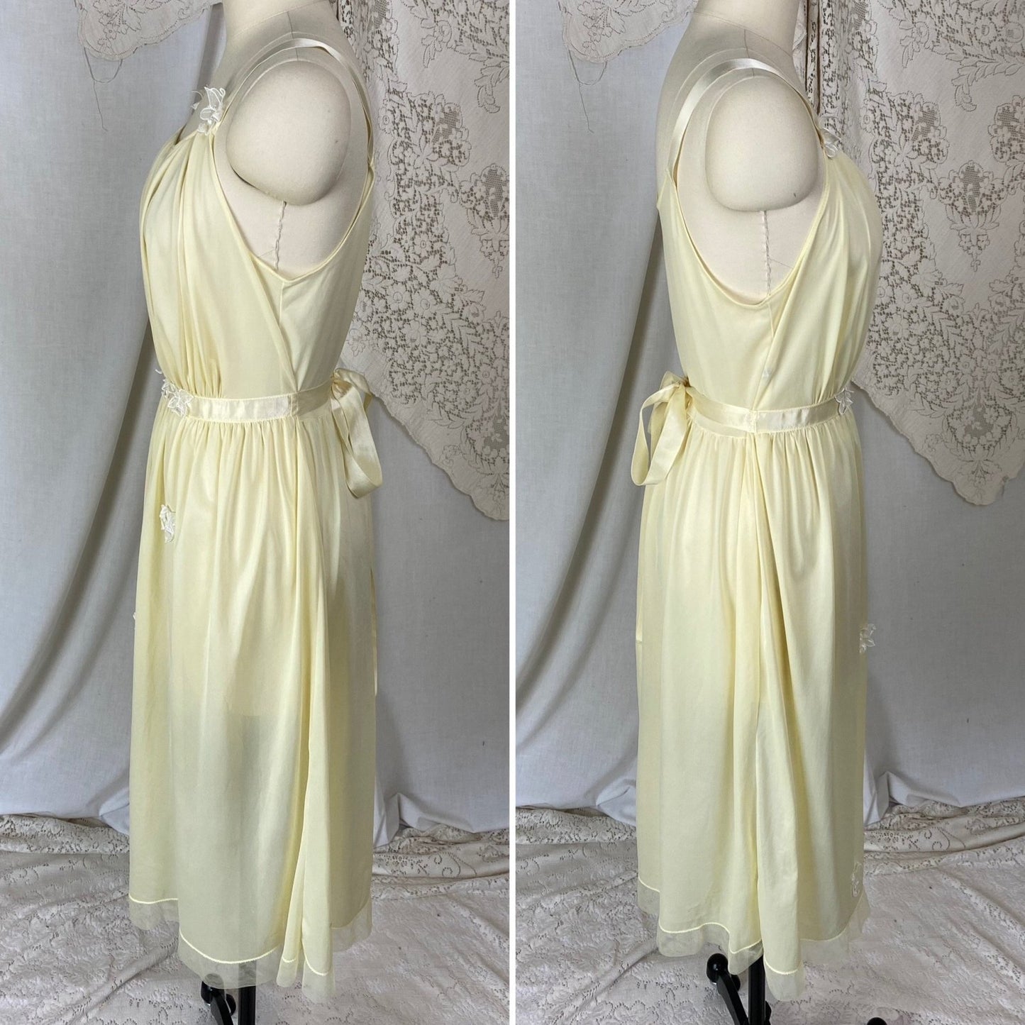 Vintage 1950's Nightgown | Creamy Yellow Nylon with White Chiffon Floral Appliques | Size M, LG | Roger's - Daggers & Dames