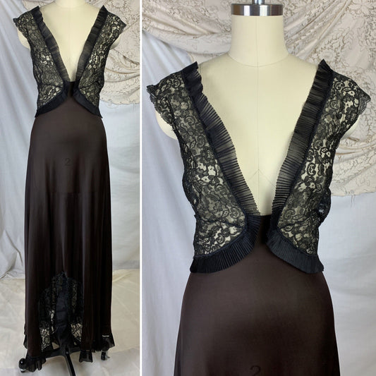 Vintage 1950's Nightgown | Deep Mocha Nylon with Black Floral Lace & Crystal Pleated Chiffon | Size LG, XL - Daggers & Dames