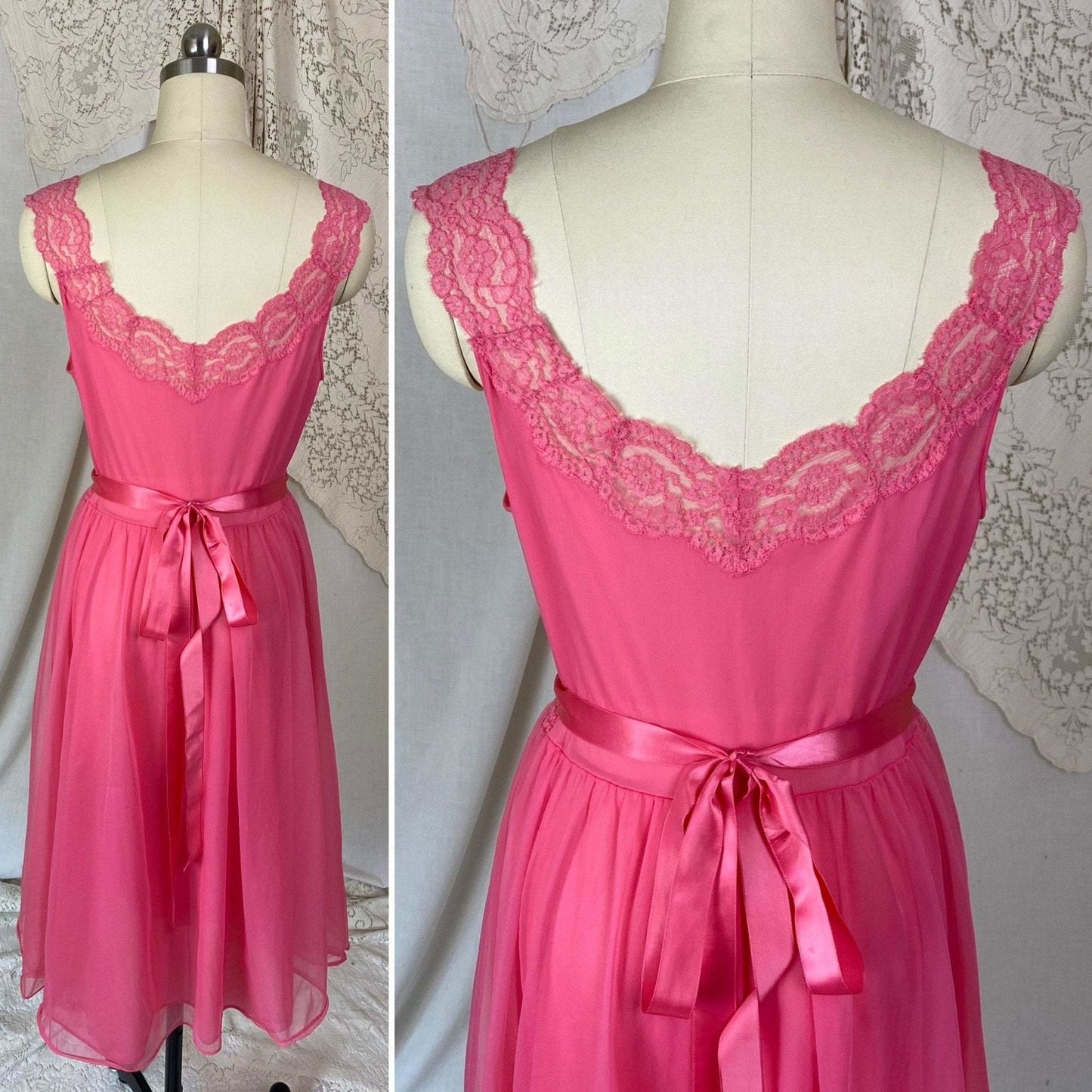 Vintage 1950's Nightgown | Hot Pink Nylon Chiffon with Lace | Size XS, S | Vanity Fair - Daggers & Dames