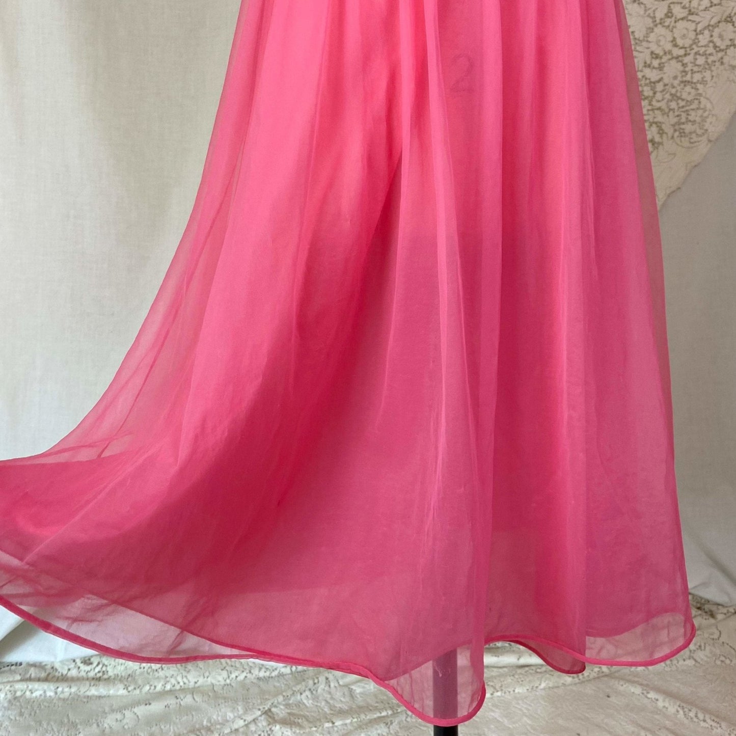 Vintage 1950's Nightgown | Hot Pink Nylon Chiffon with Lace | Size XS, S | Vanity Fair - Daggers & Dames
