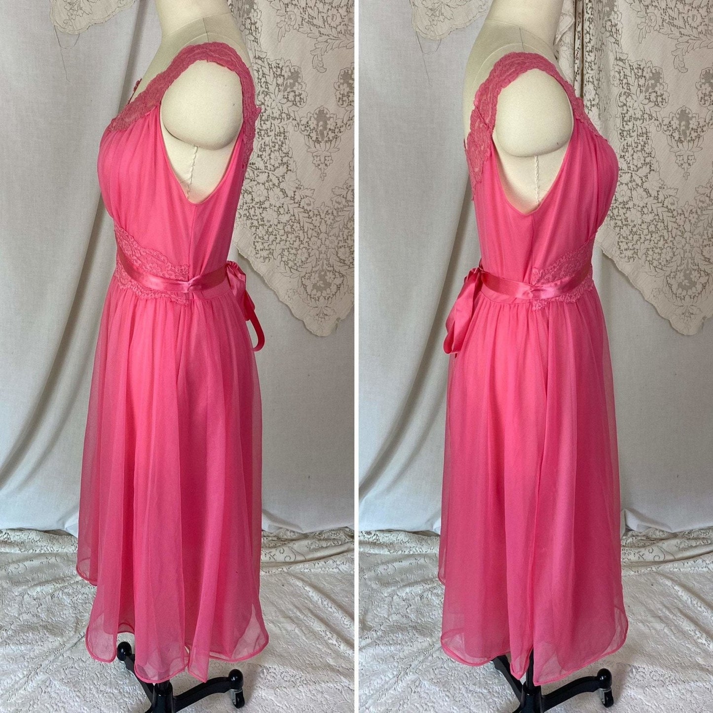 Vintage 1950's Nightgown | Hot Pink Nylon Chiffon with Lace | Size XS, S | Vanity Fair - Daggers & Dames