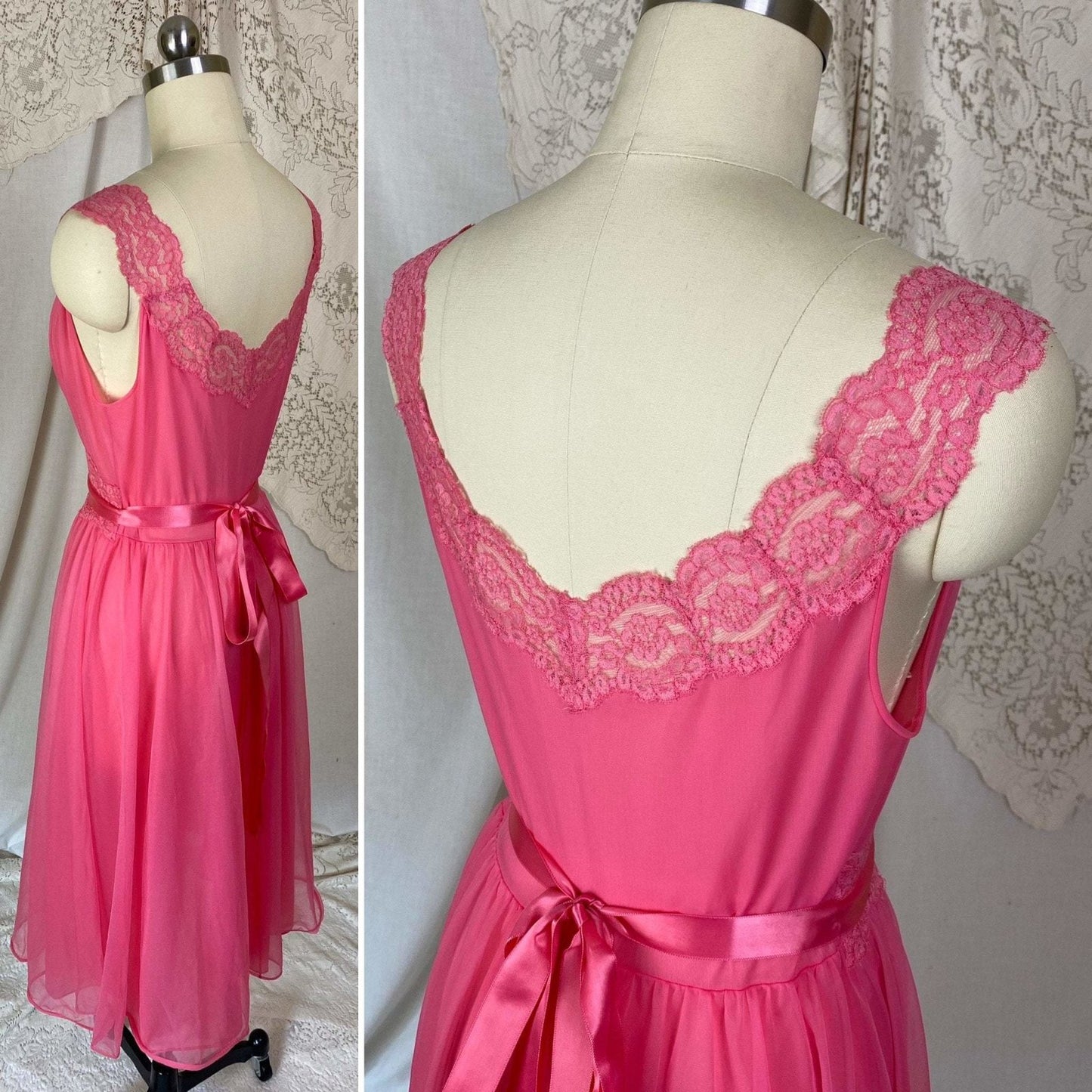 Vintage 1950's Nightgown | Hot Pink Nylon Chiffon with Lace | Size XS, S | Vanity Fair - Daggers & Dames