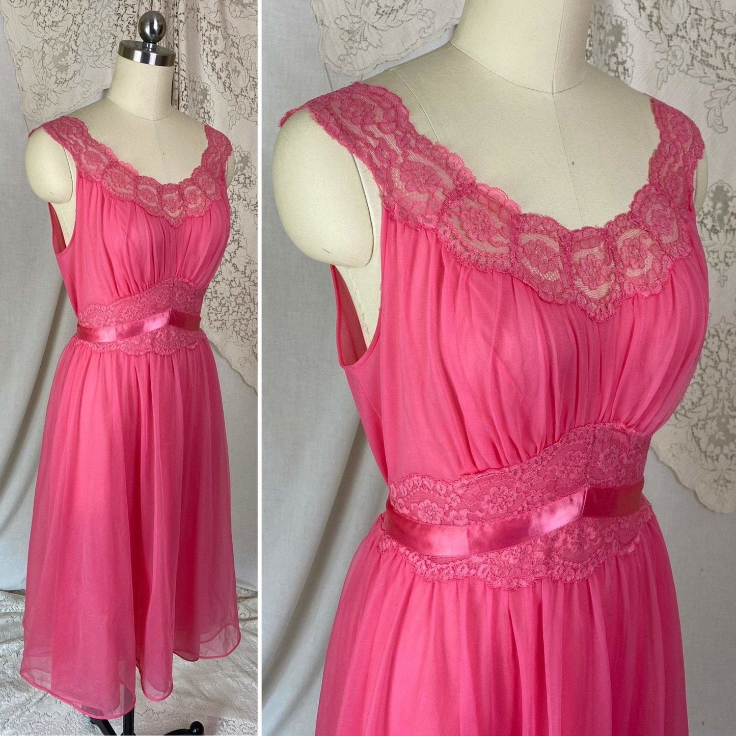 Vintage 1950's Nightgown | Hot Pink Nylon Chiffon with Lace | Size XS, S | Vanity Fair - Daggers & Dames