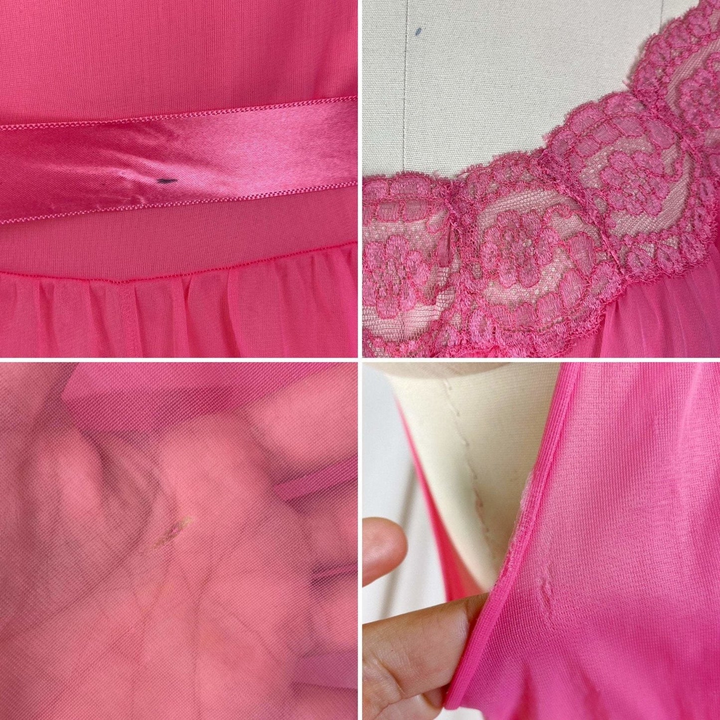 Vintage 1950's Nightgown | Hot Pink Nylon Chiffon with Lace | Size XS, S | Vanity Fair - Daggers & Dames