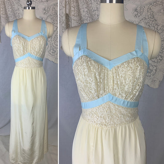 Vintage 1950's Nightgown | Light Pastel Yellow Acetate Rayon Blend with Baby Blue Ribbon & Nylon Lace | Size S | Seamprufe - Daggers & Dames