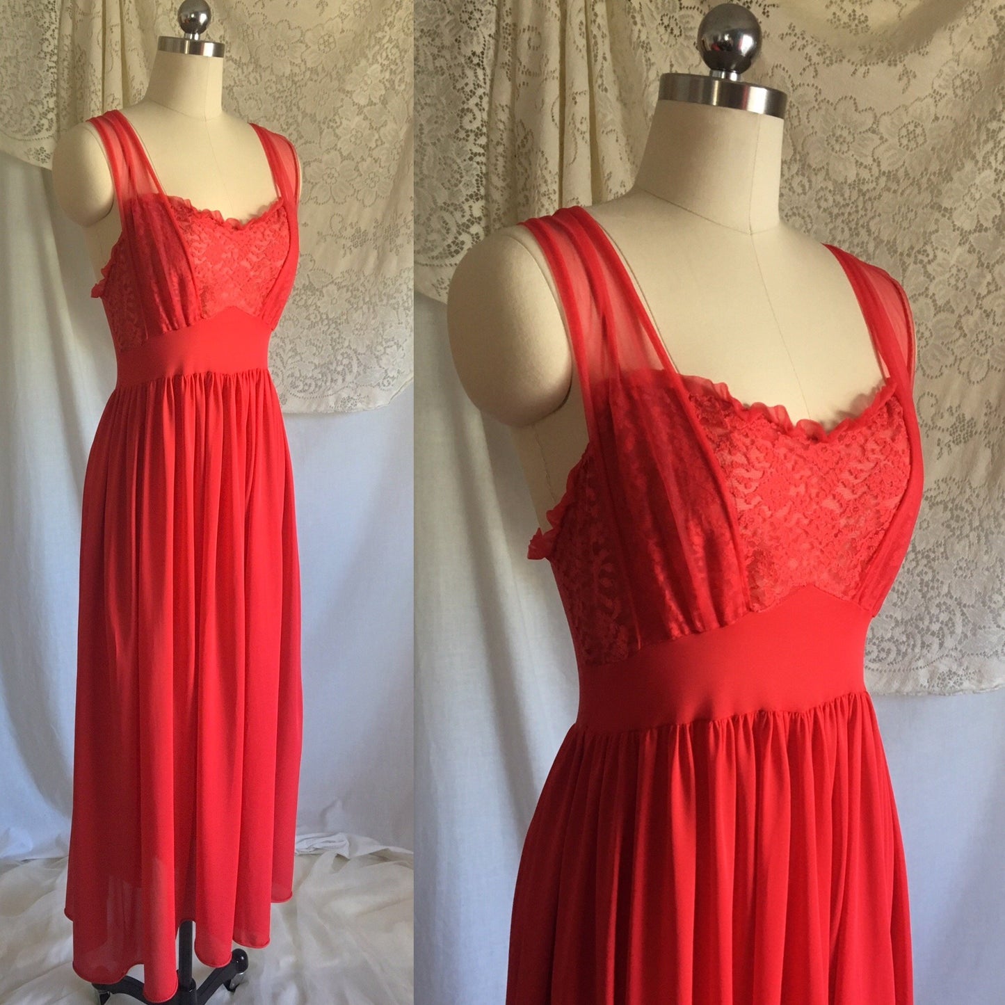 Vintage 1950's Nightgown | Lipstick Red Nylon with Lace & Chiffon Bodice | Gilead | Size S, M - Daggers & Dames