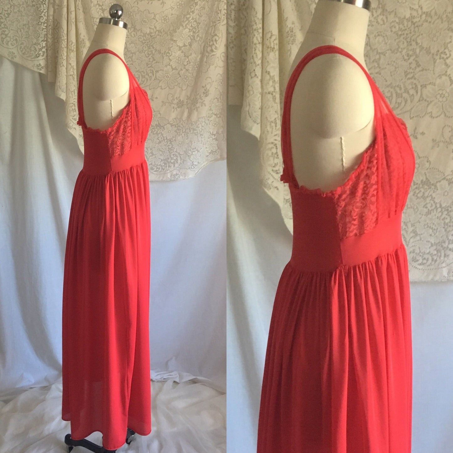 Vintage 1950's Nightgown | Lipstick Red Nylon with Lace & Chiffon Bodice | Gilead | Size S, M - Daggers & Dames